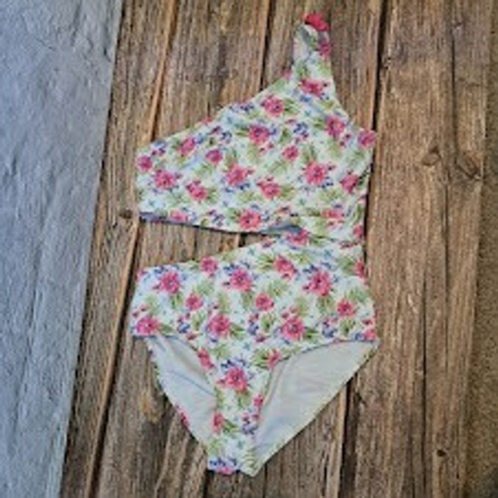 Sol Swim Girls Floral One Shoulder Cutout One Piece Swimsuit 12.5 Pink White